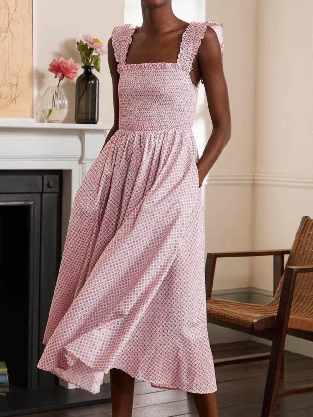Boden NWT Square Neck Smocked Midi Dress Ivory Circle Stamp Pink Green US 16/18